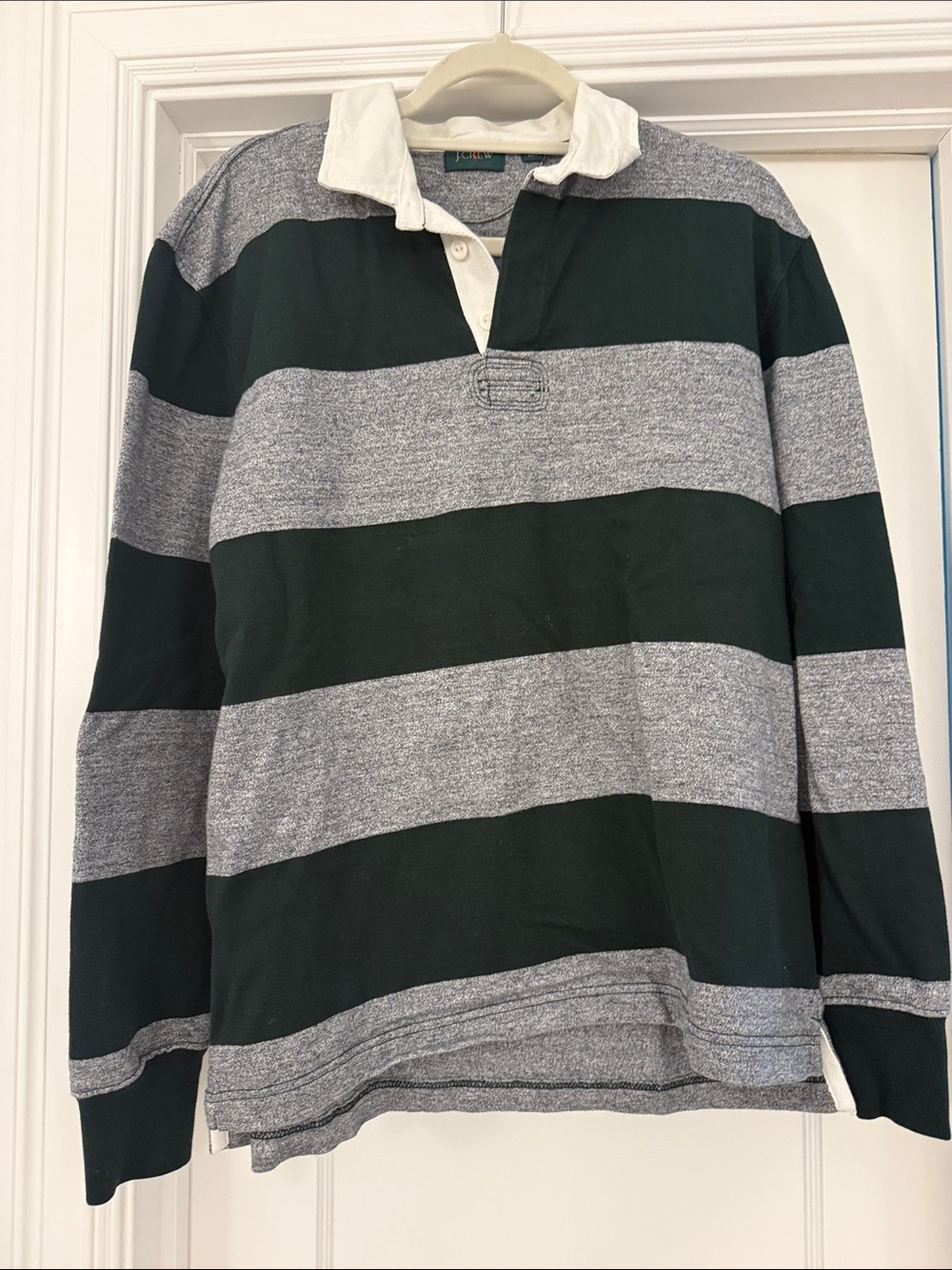Men's Hunter Green and Gray Striped Rugby Shirt - Classic Long Sleeve
